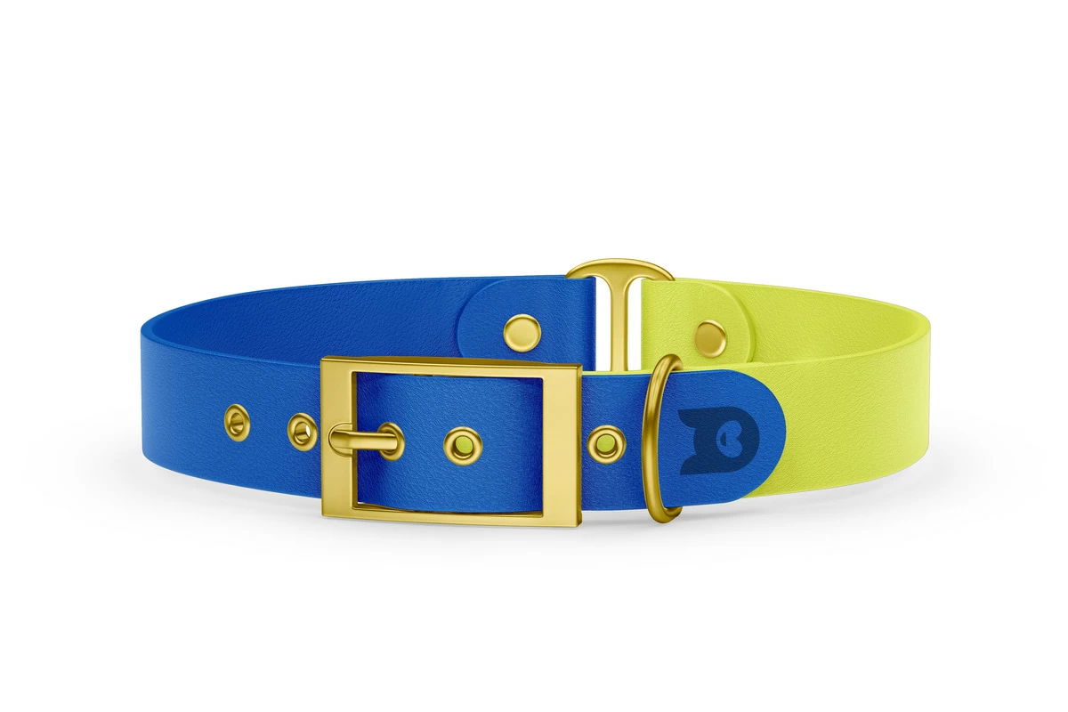 Guinzaglio Duo per Cani: Blu & Giallo neon con componenti in Oro