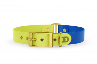 Guinzaglio Duo per Cani: Giallo neon & Blu con componenti in Oro