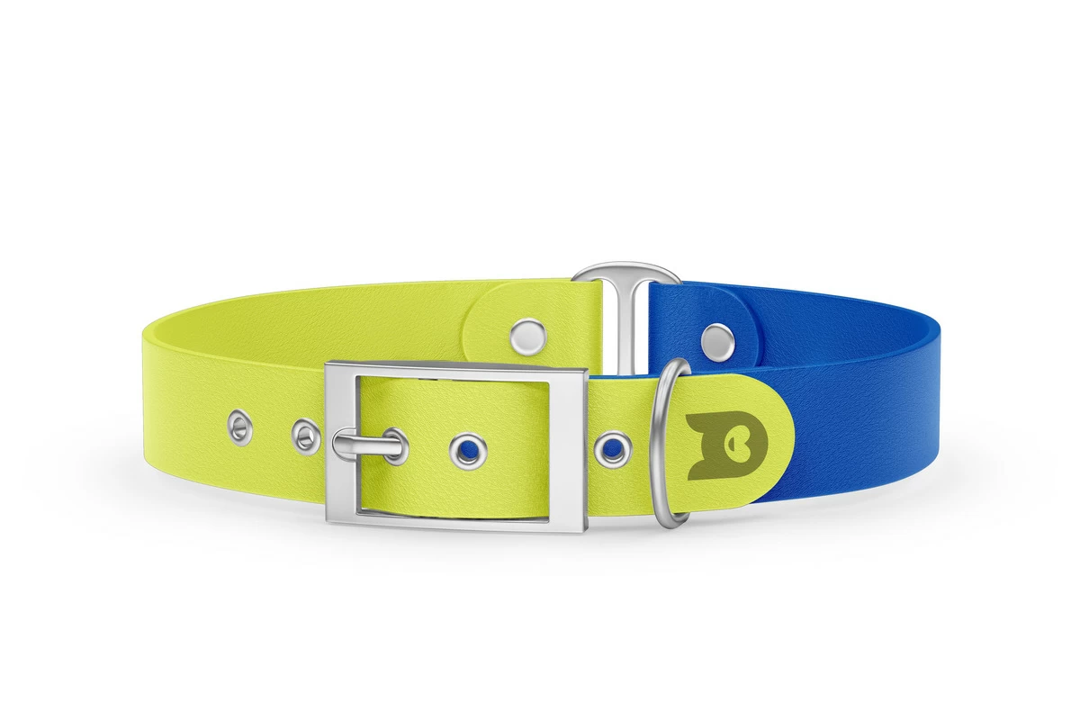 Guinzaglio Duo per Cani: Giallo neon & Blu con componenti in Argento