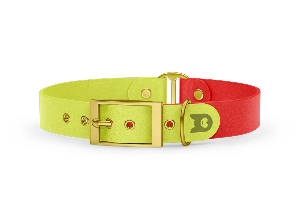 Guinzaglio Duo per Cani: Giallo neon & Rosso con componenti in Oro