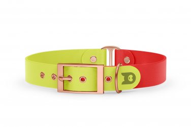 Guinzaglio Duo per Cani: Giallo neon & Rosso con componenti in Oro rosa