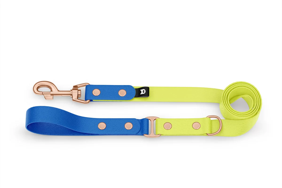 Guinzaglio Duo per Cani: Blu & Giallo neon con componenti in Oro rosa